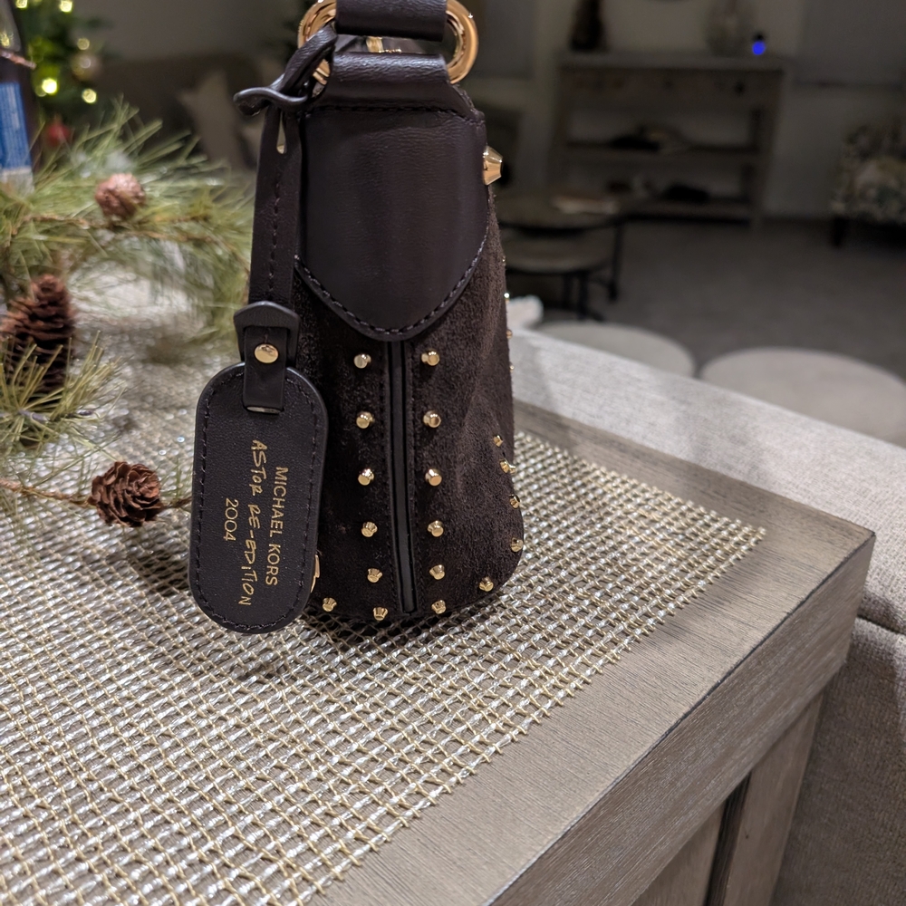 Michael Kors Chocolate Brown Suede Shoulder Bag with Gold Accents - Picture 3 of 9